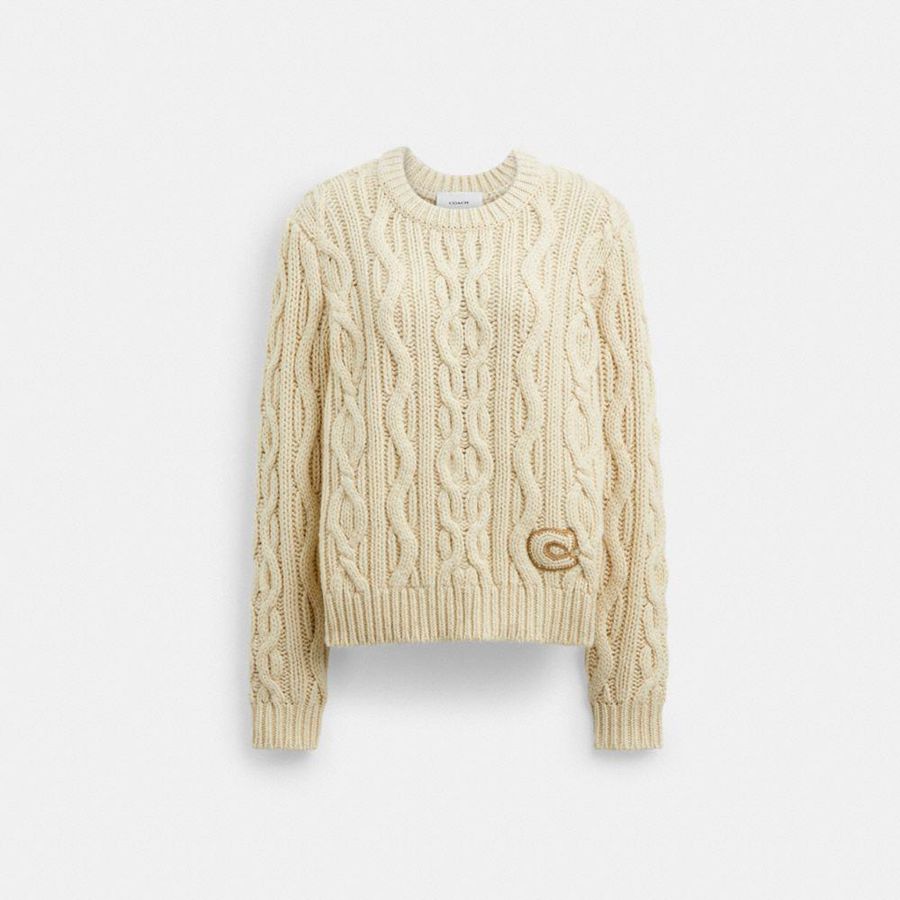 White Women COACH® Cable Knit Crewneck Sweater | 25917TGJM