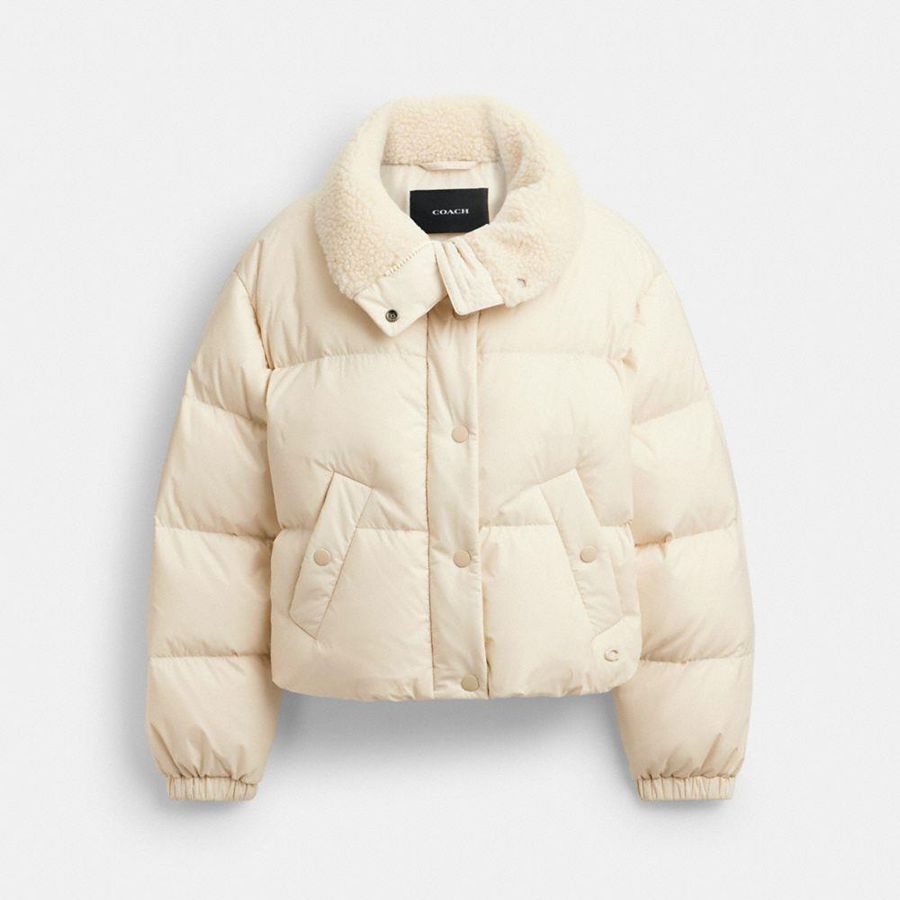 White Women COACH® Cropped Puffer In Recycled Polyamide With Sherpa Collar Jacket | 98451LCGD