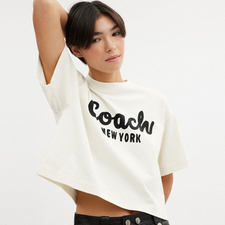 White Women COACH® Cursive Signature Cropped T-Shirt | 03571EDVJ