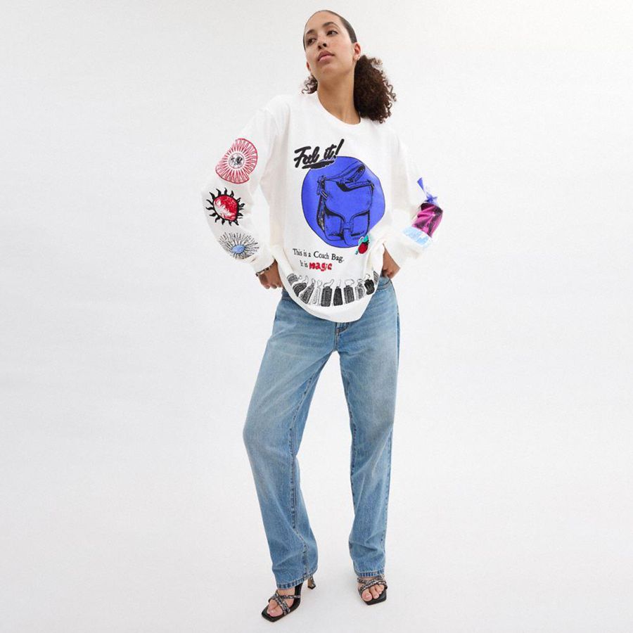 White Women COACH® Graphic Long Sleeve In Organic Cotton T-Shirt | 95043SECM