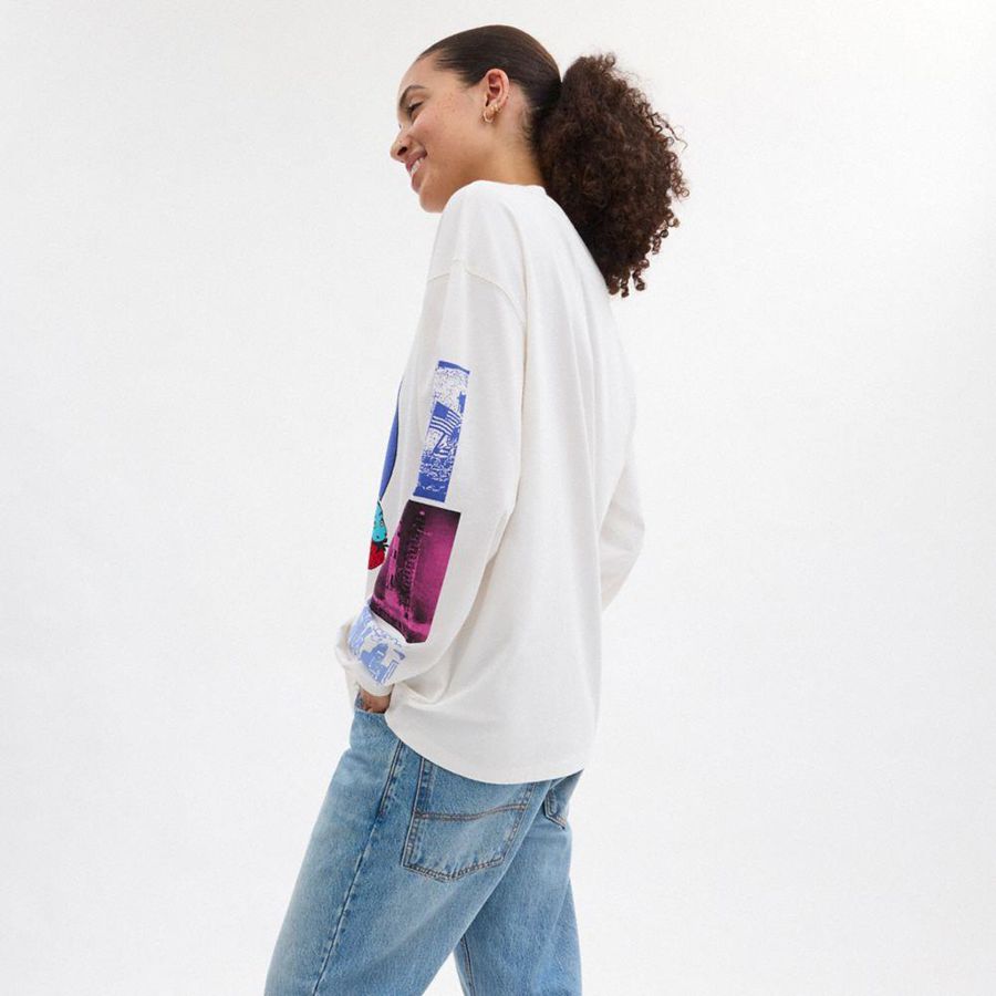 White Women COACH® Graphic Long Sleeve In Organic Cotton T-Shirt | 95043SECM