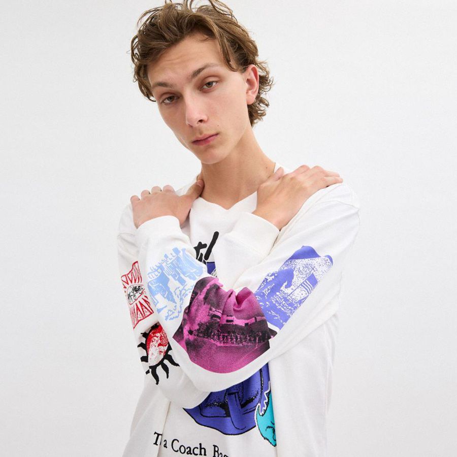 White Women COACH® Graphic Long Sleeve In Organic Cotton T-Shirt | 95043SECM