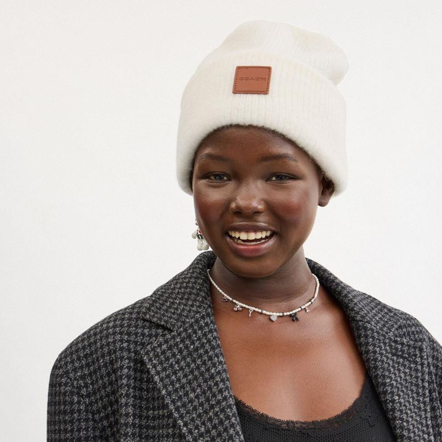 White Women COACH® Knit With Leather Patch Beanie | 83501VPQK