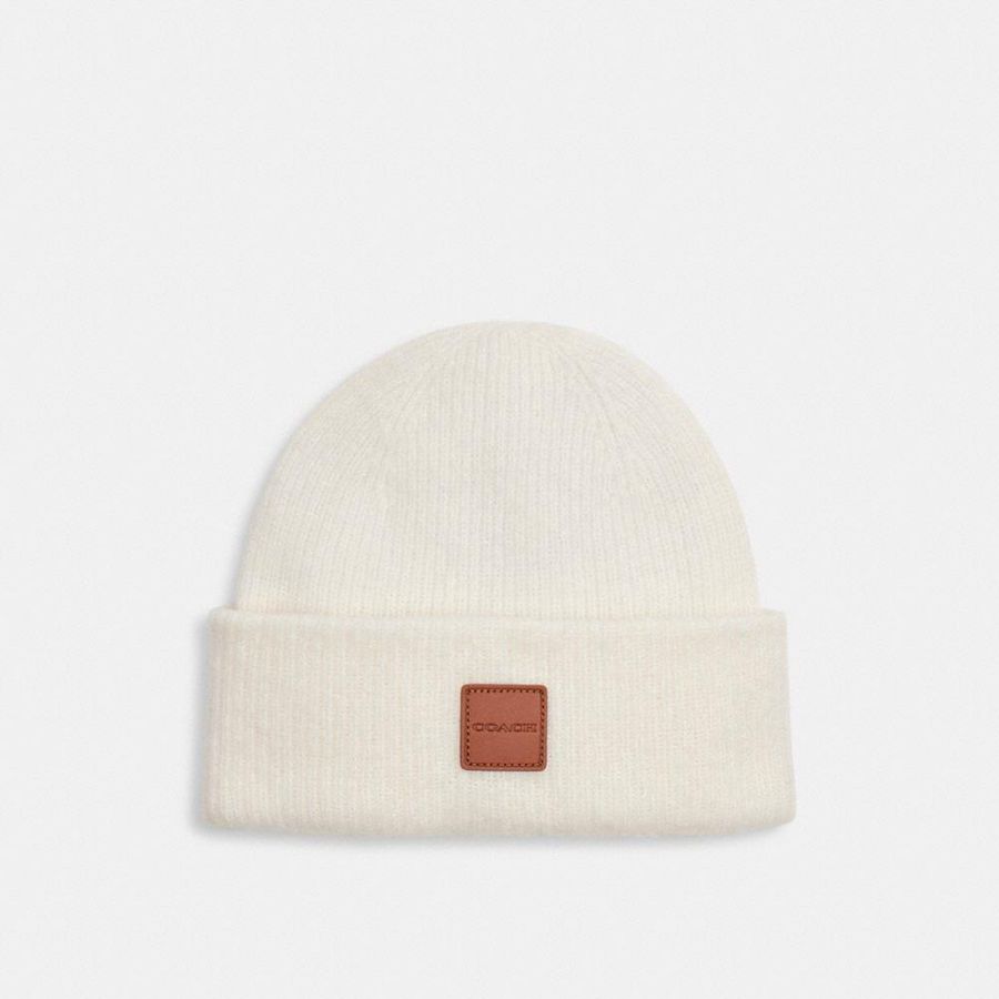 White Women COACH® Knit With Leather Patch Beanie | 83501VPQK
