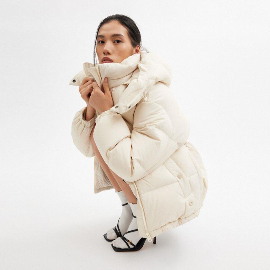 White Women COACH® Mid Length Belted Down In Recycled Polyamide Jacket | 86421DFCO