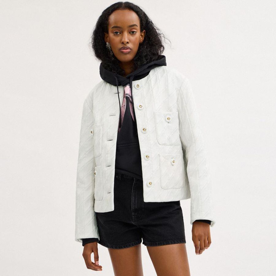 White Women COACH® Quilted Leather Cardigan Jacket | 65124TAGP