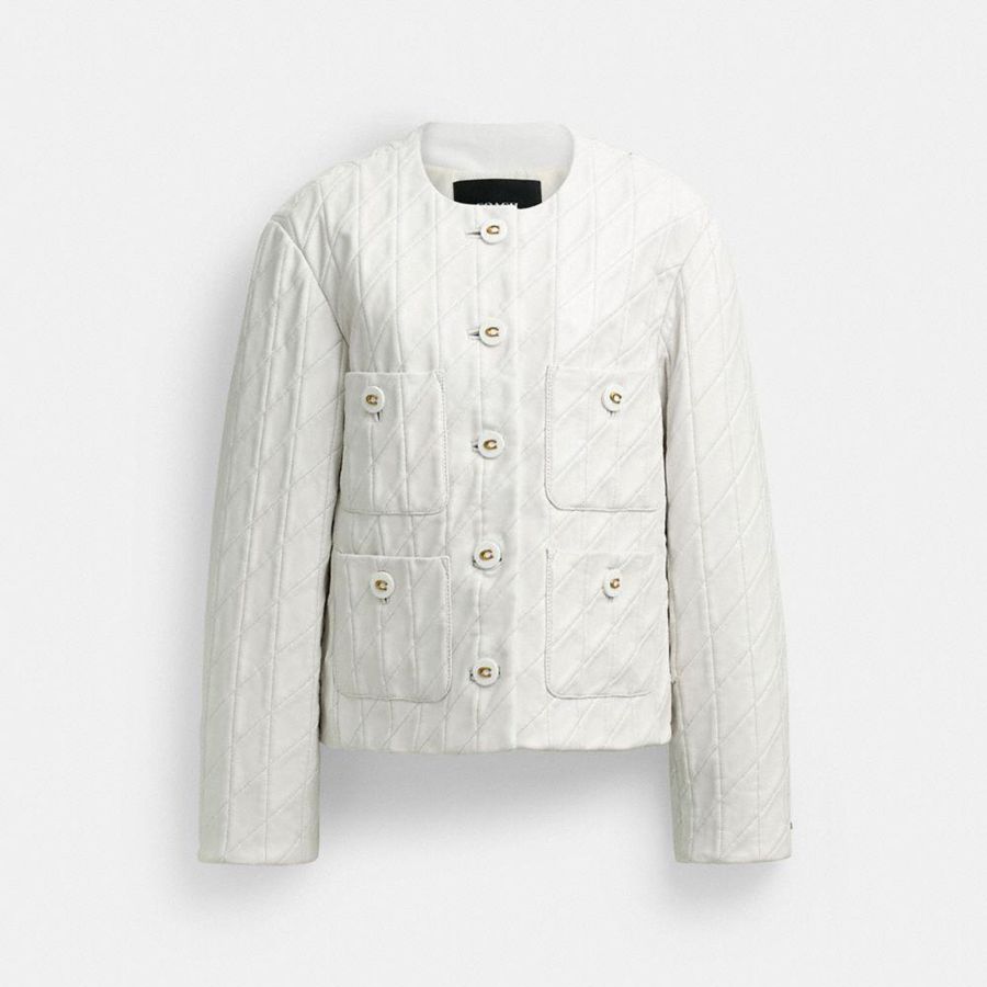 White Women COACH® Quilted Leather Cardigan Jacket | 65124TAGP