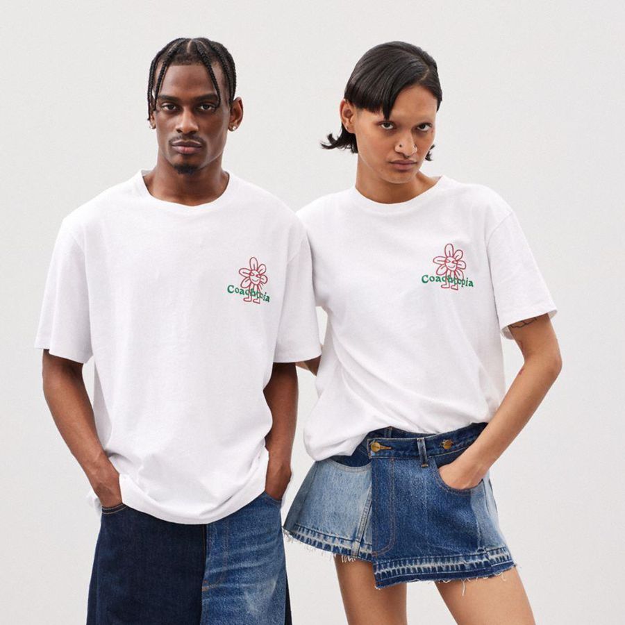 White Women COACH® Relaxed With Flower Print T-Shirt | 23784PTKJ