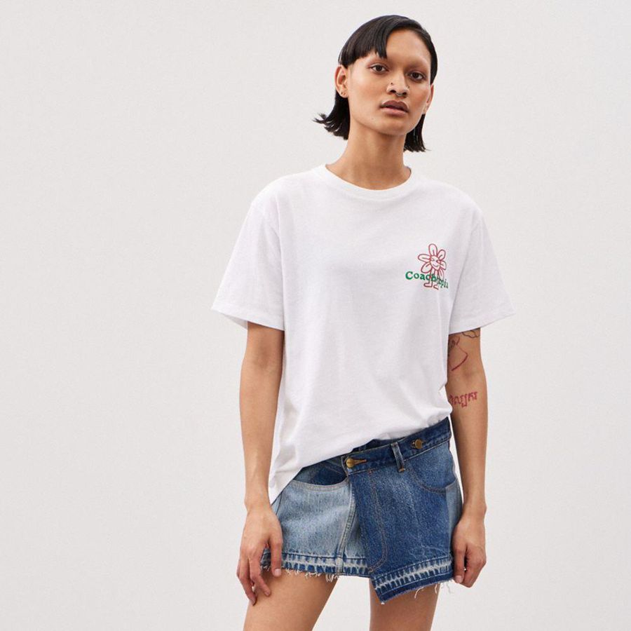 White Women COACH® Relaxed With Flower Print T-Shirt | 23784PTKJ