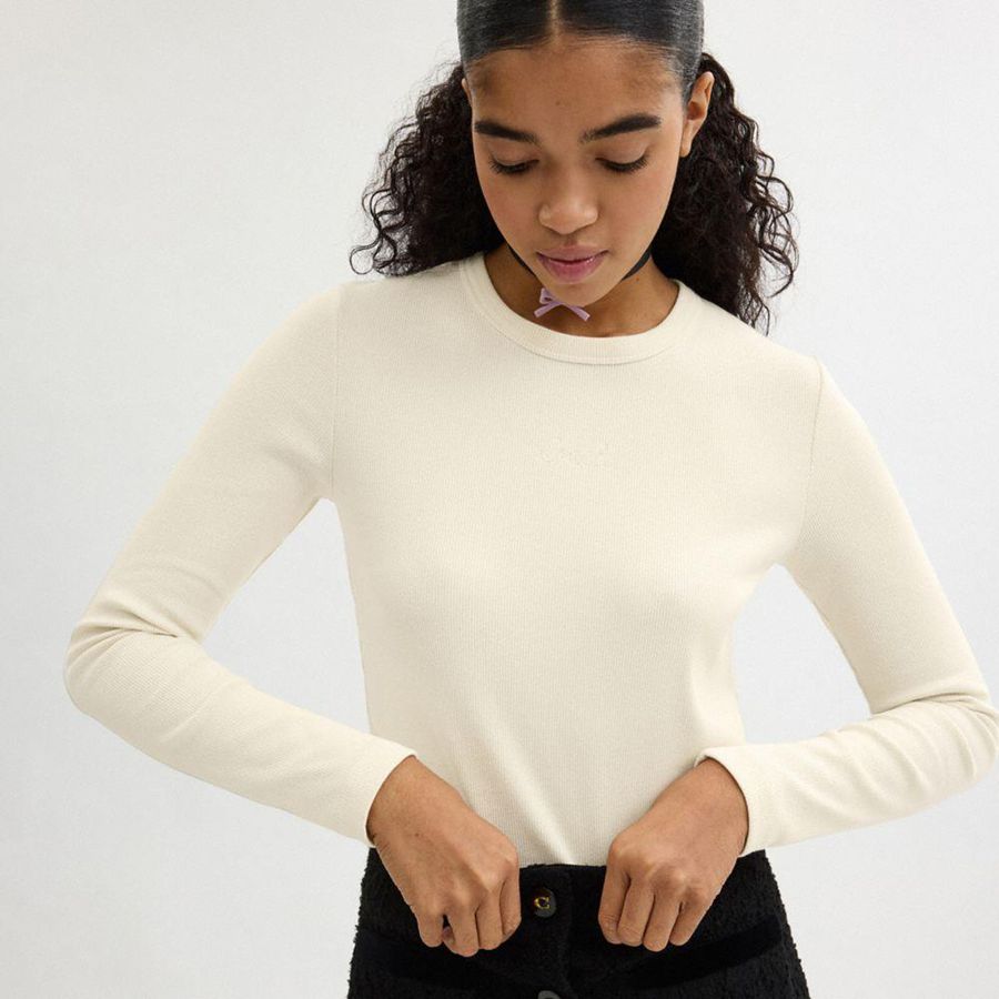 White Women COACH® Ribbed Long Sleeve Shirt With Coach Embroidery T-Shirt | 46531XIBK
