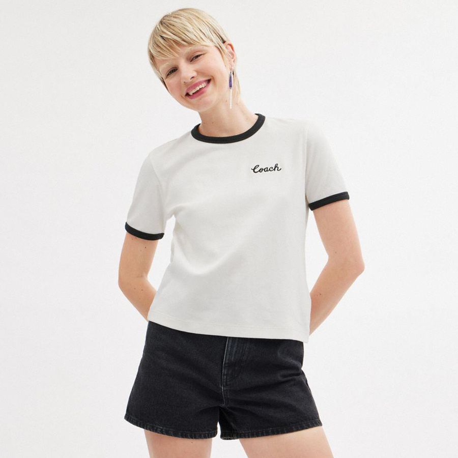 White Women COACH® Ringer T-Shirt | 06123XIUH
