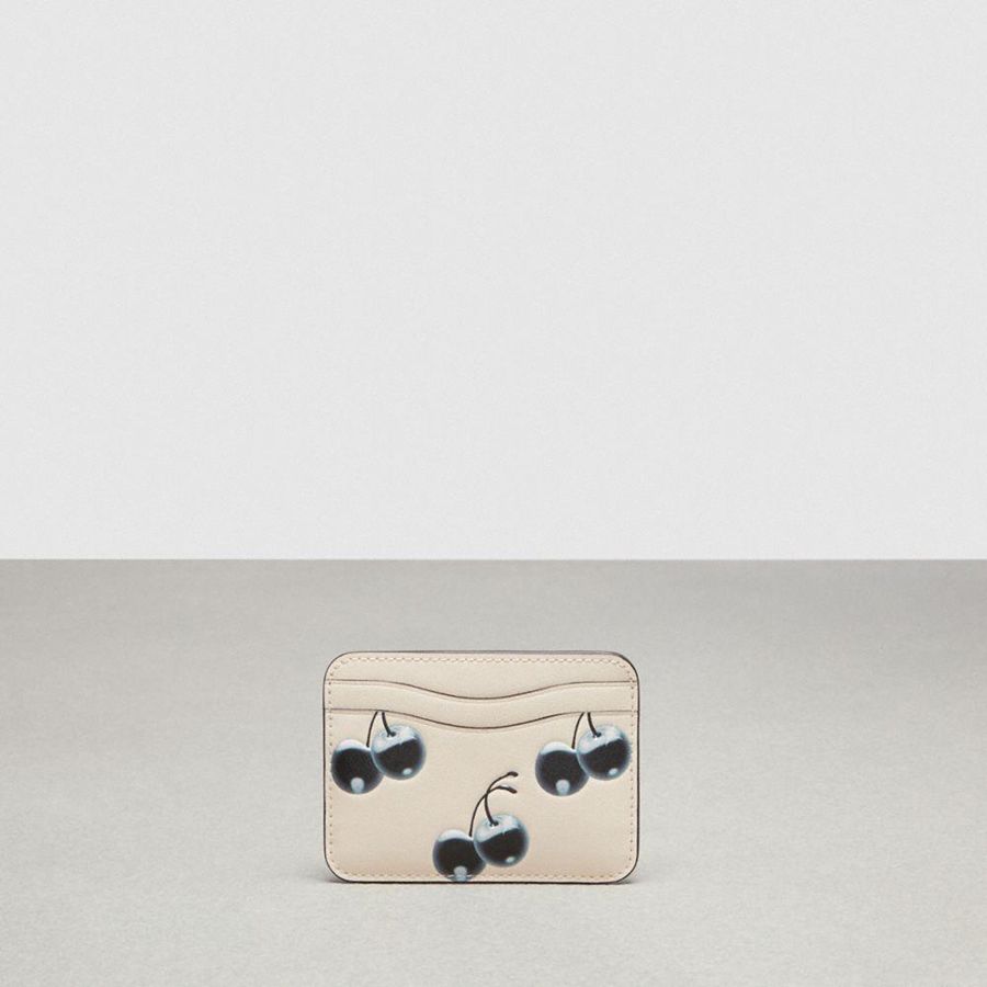 White Women COACH® Wavy Card Case In Coachtopia Leather With Cherry Print Wallet | 12638QORP